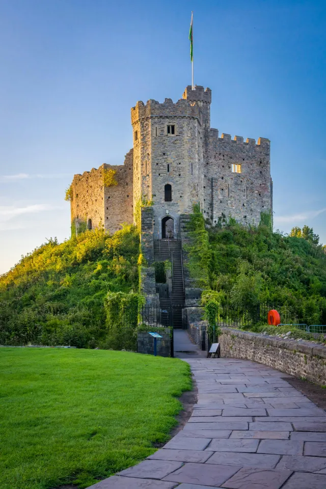 Cardiff Castle walls rising beside the city centre